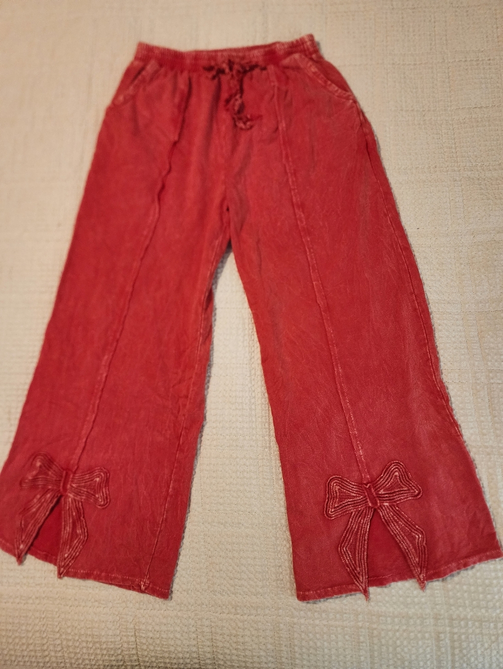 JHer Red Acid Washed Cotton Knit Bow-Accent Pull-On Pants Tie  Waist Large NWOT